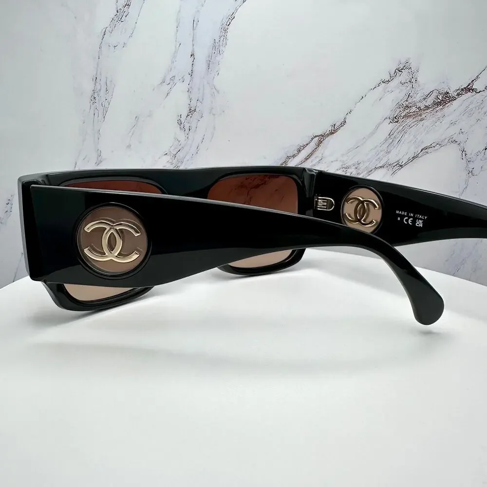 CHANEL Sunglasses Black Square Shield Gold CC Gradient Brown Lens - Picture 6 of 16